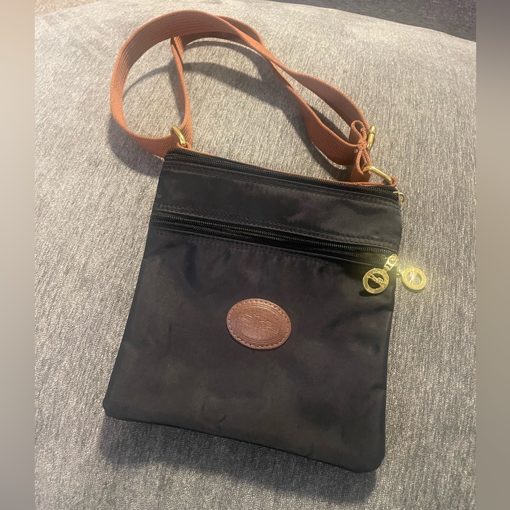 RARE Longchamp Le Pliage Nylon Black & Brown Folding Shoulder Bag FREE SHIPPING